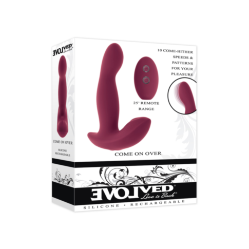 A product box for the Evolved-Sil Rechargeable Come On Over-Burgundy features an image of the vibrator and text highlighting its powerful vibrations, 10 speeds and patterns, and a 25-foot remote range.