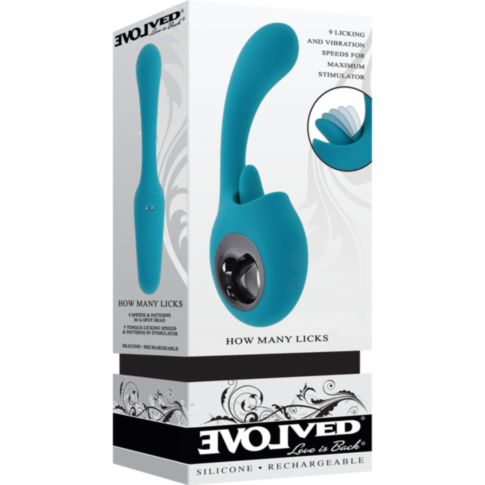 The packaging of the Evolved-Sil Rechargeable How Many Licks-Teal showcases a teal silicone vibrator with a curved design, perfect for G-Spot stimulation. It features multiple licking and vibration speeds and offers the convenience of USB recharging.