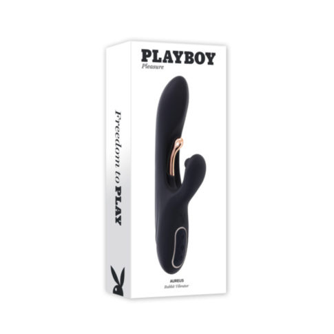 A white box with PLAYBOY Pleasure branding displays the Evolved-Playboy Sil Rechargeable Rabbit-Black, a black silicone, gold-accented rabbit vibrator for G-Spot stimulation, featuring Freedom to PLAY on the side.