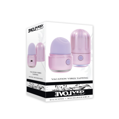 The Evolved-Recharge Sil Vacation Vibes Tapping-Pink Purple features a pink and purple silicone tapping head in its box, highlighting its USB-C rechargeable capability for easy use anytime.