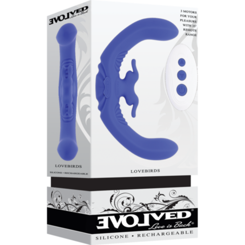 Box for the Evolved-Sil Rechargeable Lovebirds Double Vib-Blue showcases a dual-ended blue silicone massager, includes an image of the product, and features a remote with three buttons on the right side.