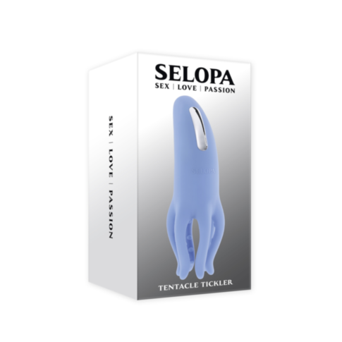 The box for the Evolved-Selopa Sil Rechargeable Tentacle Tickler-Light Blue shows an image of the blue silicone vibrating tentacle device with Sex | Love | Passion displayed on the top and side.