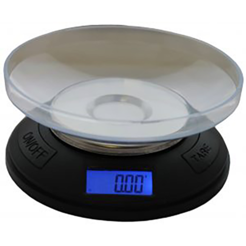 The Piper 200 200gx0.01g Scale showcases a stylish black appearance with a durable stainless steel platform and comes with an included transparent bowl. Boasting a blue backlit display that reads 0.00, it is accompanied by ON/OFF and TARE buttons, providi