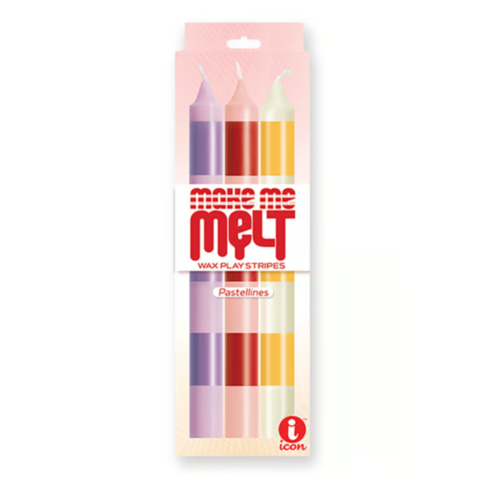 Make Me Melt Pastellines is a set of four pastel Sensual Warm-Drip Candles—purple, pink, orange, and yellow—in a pastel-striped light pink box. Ideal for BDSM fans or candle lovers seeking playful sensation play.
