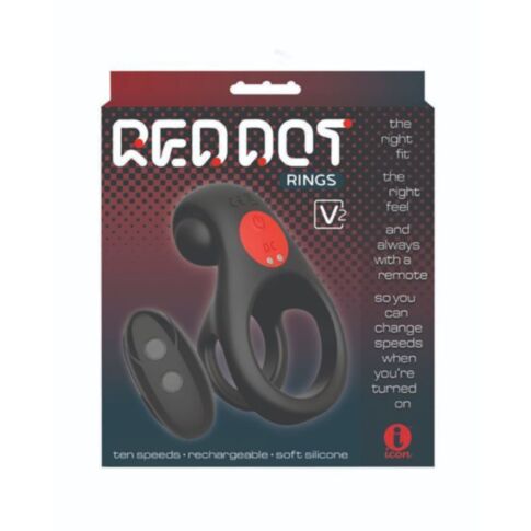 The packaging for the Icon Brands Red Dot Sil Rechargeable RC Ring-V2 features a sleek black and red design, highlighting its high-performance capabilities—a silicone rechargeable remote control ring with ten speed settings and soft silicone material for 
