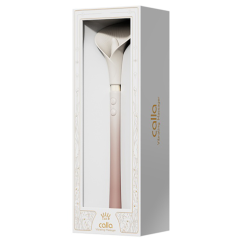 A packaged wand massager called Zalo-Calla Vibe-Blossom Pink by Aila, featuring a white and rose gold color scheme, comes in a rectangular box. The packaging is predominantly white with gold lettering and intricate detailing. The massager boasts a distinc