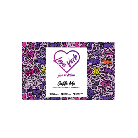 A vibrant Love Verb product box showcases the Cuddle Me Clit Massager. The design features purple and pink abstract art with doodle-style figures encircling a central heart-shaped logo. The text emphasizes seven vibration settings.
