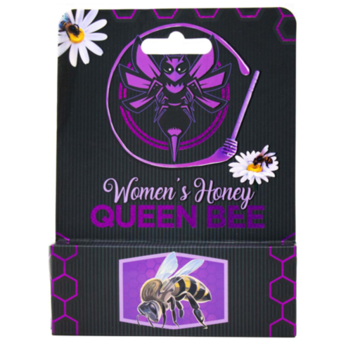 The packaging features a bee and honeycomb design, with the text "Queen Bee Honey-Women" in purple. A cartoon bee, honey dipper, and daisies adorn a black background with purple accents, celebrating the natural essence of Queen Bee Honey.