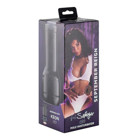 The product packaging for the Kiiroo-Feel September Reign Star Collection male masturbator features a woman in white lingerie. The box displays an image of the FeelReya stroker with "September Reign" and "Reya Sunshine" elegantly printed, along with promi