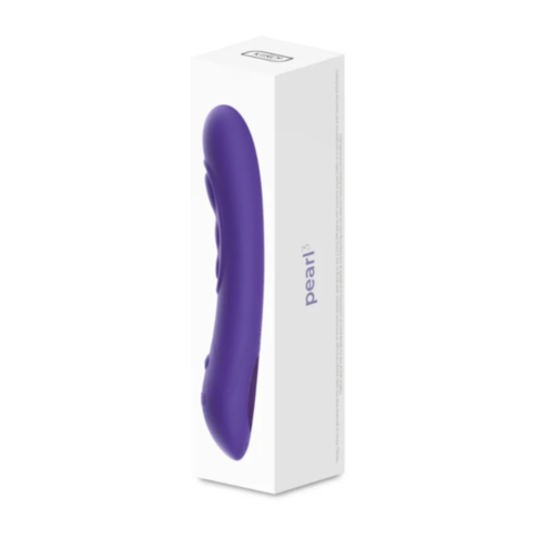 The Kiiroo-Pearl 3 G Spot Interactive Vibe in purple, featuring a curved design and smooth surface, is shown beside its white packaging with "Pearl" and a small logo. It connects with the FeelConnect app for an interactive experience.