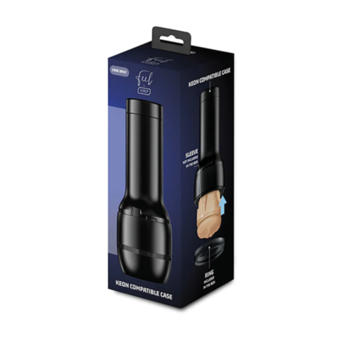 A sleek black box showcases a product image of the Kiiroo-Keon Accessory Case Compatible with Fleshlight, featuring FeelMe AI branding. It highlights the removable component and compatibility with Keon, and includes illustrated contents.