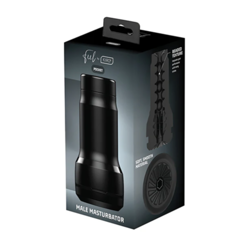 The Kiiroo-Pocket Stroker is packaged in a stylish black box that emphasizes its discreet features. It is made with soft, smooth materials that feel realistic and include a beaded texture. The brand name is prominently featured on the top of the packaging