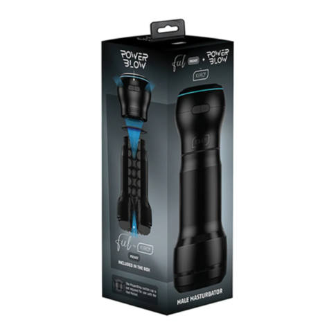 The packaging of the Kiiroo-PocketBlow Combo features an elegant black box adorned with product images and text in white and blue. It emphasizes advanced suction technology with suck and throb functions, showcasing the device's design and capabilities for