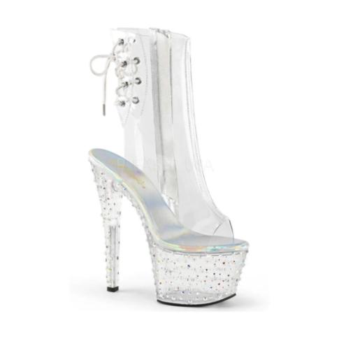 Stardance 7" Heel Open Toe/Heel Ankle Boot Size 7 boasts a clear high-heeled platform with a lace-up design, made from transparent material and adorned with dazzling rhinestones on the base and heel.