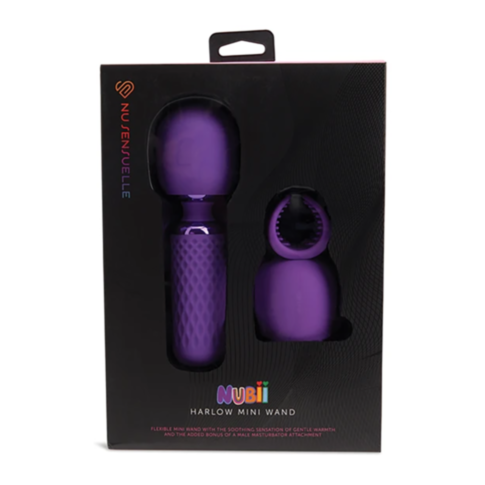 Packaging for the Sensuelle Harlow Nubii Mini Wand with Masturbator in purple, displayed in a black box featuring vibrant branding. The text emphasizes its flexibility and gentle warmth, offering users an experience of sensual bliss.