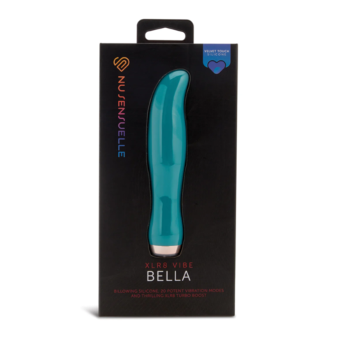 A black box unveils the Sensuelle Velvet Touch XLR8 Vibe Bella in an emerald green shade – an ergonomic vibrator made from luxurious liquid silicone. The packaging prominently features NU Sensuelle and Bella, boasting 20 powerful functions along with an i