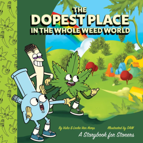 The cover of the book titled "Wood Rocket-The Dopest Place in the Whole Weed World Book" showcases animated characters such as a bong, a joint, and their stoner friends set amidst a vibrant and imaginative landscape featuring hills, trees, and a rainbow. 