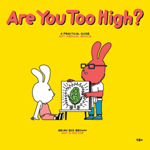 A cartoon image with a yellow background features two rabbits. One rabbit, standing and wearing glasses, points at an illustration of a cannabis leaf on an easel. The text reads "Are You Too High? A Practical Guide" by Brian Box Brown, 18+. This whimsical