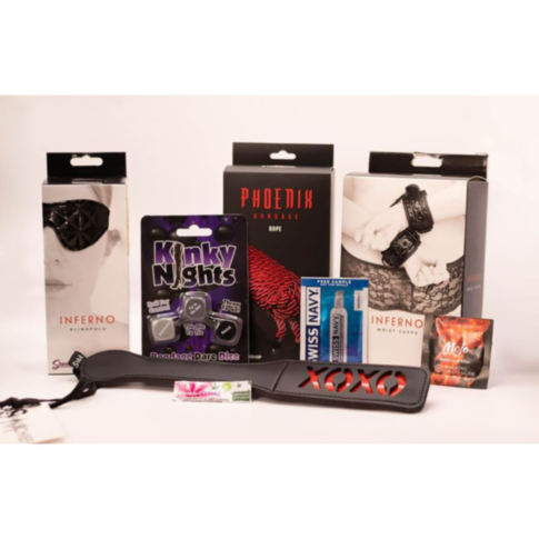 Explore the Curated Kit by Starship - Provocative Fetish Kit, complete with a blindfold, bondage rope, wrist cuffs, and an XOXO paddle. Boost your thrills with condoms, a bullet vibrator, and personal lubricant for unforgettable kinky nights.