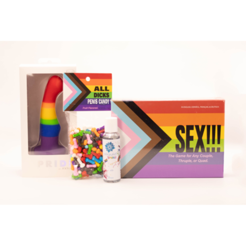 The Curated Kit by Starship - Pride Kit includes a vibrant rainbow-striped toy, penis-shaped candies, a water-based lubricant, and the Sex!!! board game with a rainbow flag design.