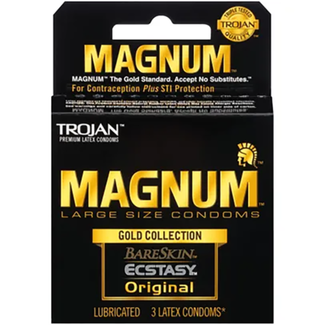 Explore the Trojan Magnum Gold Collection 3pk, featuring MAGNUM BareSkin, MAGNUM ECSTASY, and Original large sizes. The sleek black box with gold and white text highlights superior lubrication and premium latex for a confident experience.