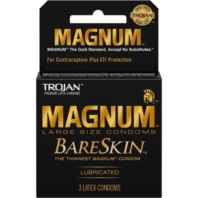 The image displays a Trojan Magnum Bareskin 3pk condom package. The stylish black box with gold and white text emphasizes Large Size Condoms and The Thinnest Magnum Condom, featuring 3 lubricated condoms crafted from premium latex for comfort.