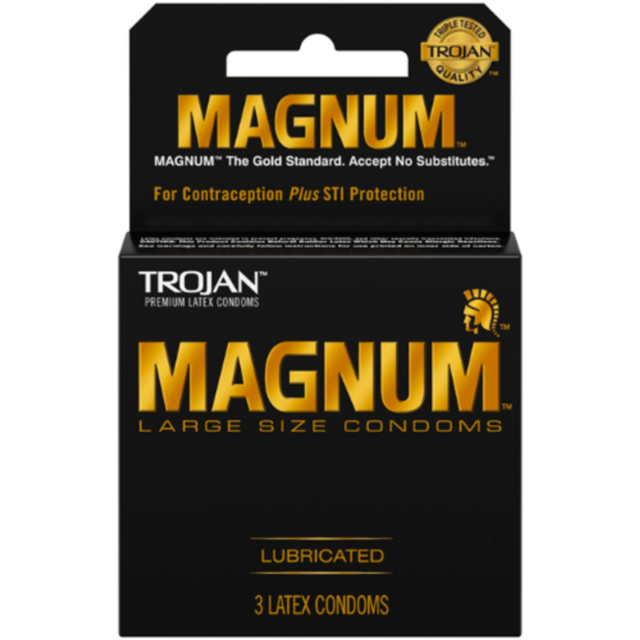 Trojan Magnum Larger Size 3pk Condoms are made from premium latex and feature a bold gold and black design. The packaging highlights For Contraception Plus STI Protection and includes three larger size lubricated condoms.