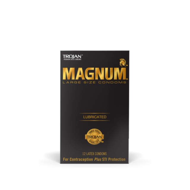 A box of Trojan Magnum Lub 12pk contains 12 lubricated latex condoms in sleek black packaging with gold text, designed for contraception and STI protection, enhanced with silky smooth lubricant for added comfort.