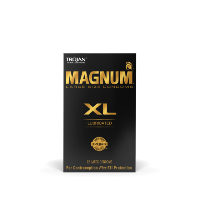 A box of Trojan Magnum XL 12pk large-sized lubricated condoms, made from premium latex with black and gold packaging for extra comfort and reliability, containing 12 condoms for contraception and STI protection.