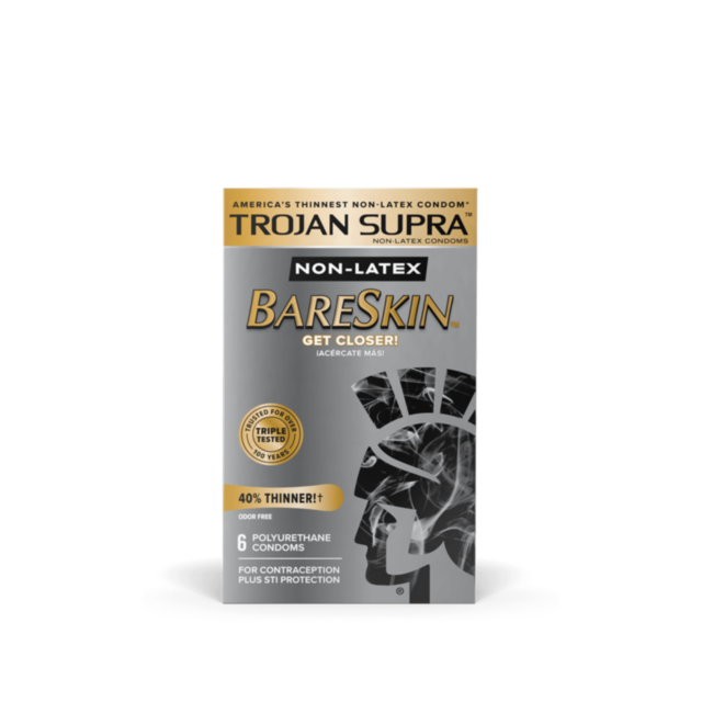 The Trojan Supra Non Latex Bareskin 6pk condoms are Americas thinnest non-latex option, made with advanced polyurethane that is 40% thinner for a natural feel.