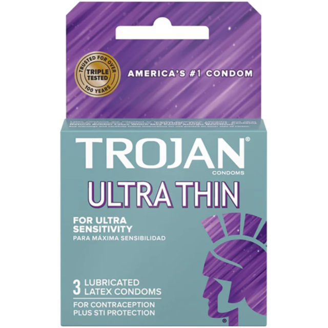 The Trojan Sensitivity Ultra Thin 3pk features a purple and teal box with a Trojan helmet silhouette, labeled Americas #1 Condom and Triple Tested for Premium Latex Sensitivity, containing 3 lubricated latex condoms.
