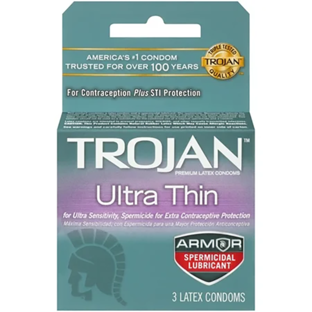Image of Trojan Ultra Thin Armor Spermicidal 3Pk condoms. The packaging claims Americas #1 Condom and highlights Ultra Sensitivity along with Spermicide for Extra Contraceptive Protection. Each box includes 3 latex condoms with Nonoxynol-9 spermicidal lub