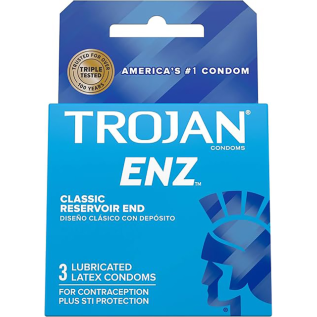 Photograph of a Trojan Enz Lubricated 3s condom package. The blue box displays Classic Reservoir End and 3 Lubricated Latex Condoms, emphasizing Premium Quality Latex and Silky-smooth Lubricant. It claims to be Americas #1 Condom and has been Triple Teste