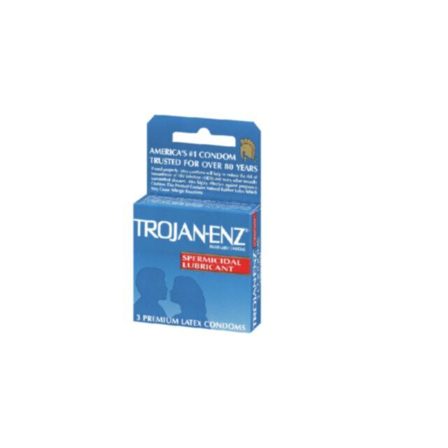 Trojan Enz Spermicidal 3pk. Condoms are presented in a blue box and crafted from premium quality latex with a special reservoir end. The pack includes three condoms that have been electronically tested to ensure long-term trust and effectiveness in preven
