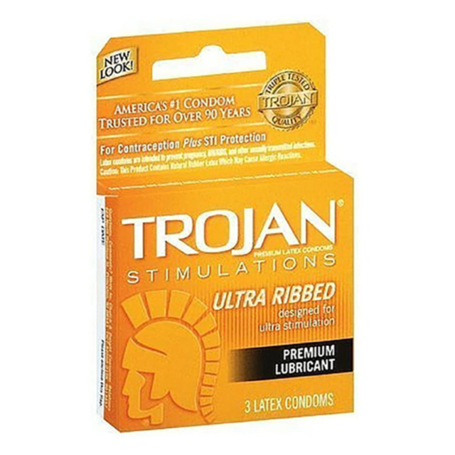 Trojan Ribbed 3pk Condoms feature Silky Smooth Lubricant for enhanced comfort. The packaging is orange with white and yellow text, showcasing the iconic Trojan helmet logo, and contains 3 premium latex condoms for reliable contraception and STI protection