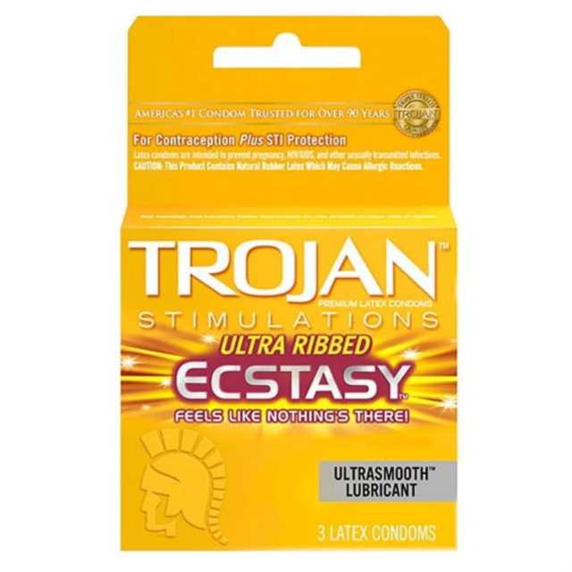 The Trojan Ecstasy Ultra Ribbed 3pk features a yellow box, promises a Feels Like Nothings There! sensation with UltraSmooth Premium Lubricant, includes 3 premium latex condoms, and emphasizes contraception and STI protection.