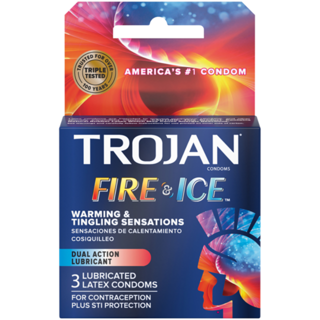 The Trojan Fire And Ice 3pk condoms provide warming and tingling sensations with a dual-action lubricant and emphasize triple-tested quality. Contains three lubricated condoms.