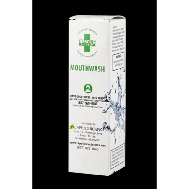 An illustration depicting a stylized rocket launching within a circular border, surrounded by stars, evokes the refreshing and cleansing qualities of the Rescue Detox Mouthwash Concentrates against its green background. Above, the text "No Image" appears 