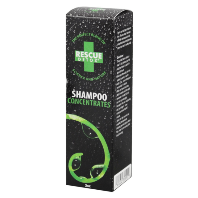 A green background showcases a stylized rocket and stars within a circle, representing toxin removal, with the bold text "Rescue Detox Shampoo Concentrates" prominently displayed above the graphic.