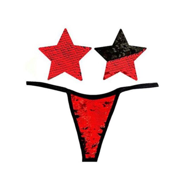 A vibrant visual of a rocket ship encircled by stars on a green backdrop, featuring the words "Sookie Red Black Sequin G string Naughty Knix" above.