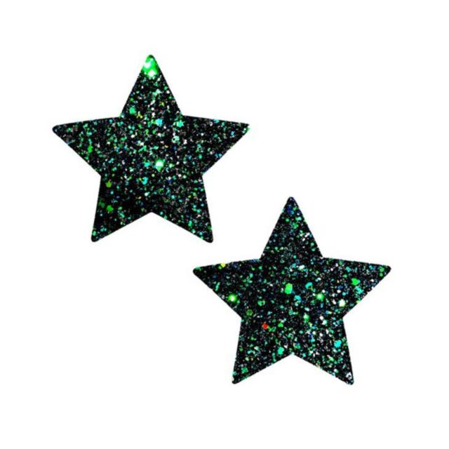 Illustration of a rocket inside a circle with stars, set against a green background featuring the text "Super Sparkle Green Black Chucky Glitter Star Nipztix" at the top, capturing the vibrant energy of festivals and raves.