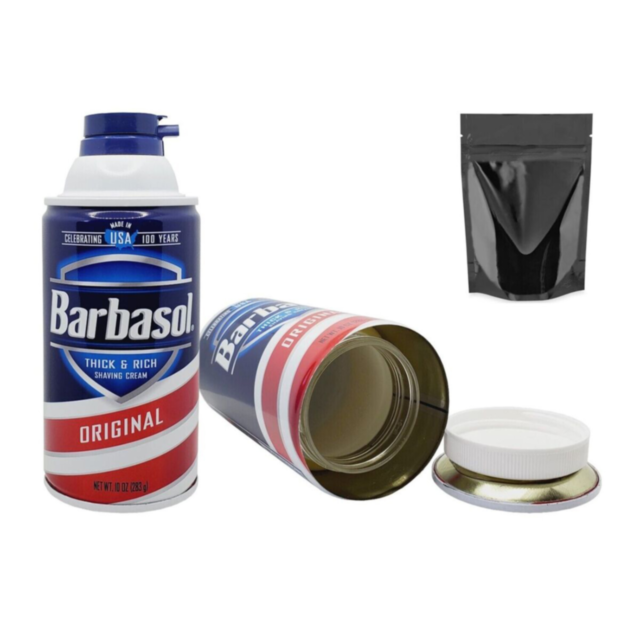The Barbasol 11oz Can Safe resembles a Barbasol Original shaving foam can but has a hidden compartment with a screw lock lid for security. It includes the removed base and comes with an empty black pouch.