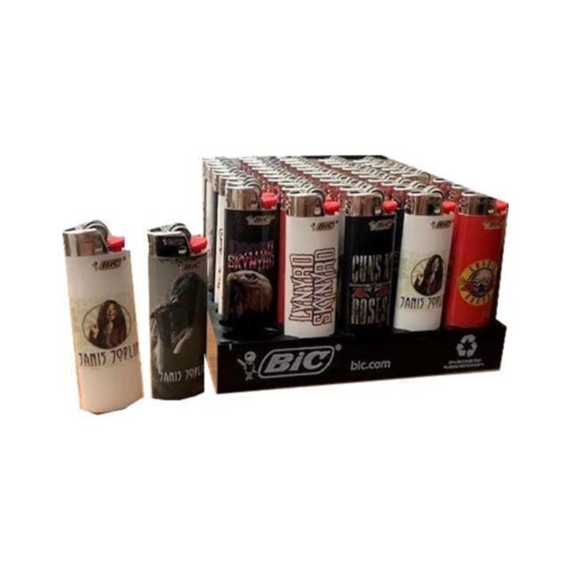 A green square displaying the "No Image" text above a circular logo, which pays homage to rock music legends. This logo depicts a rocket soaring over a planet surrounded by stars, all in white outlines—a nod to the Music Legends BIC Lighter Assorted.