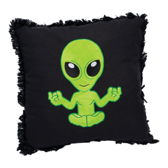 A green background features the words No Image in white at the top. Below, a gray circle contains a simplified white rocket with stars, resembling a placeholder graphic—a whimsical nod to the 16in X 15in Green Alien on Black Plush Pillow design.