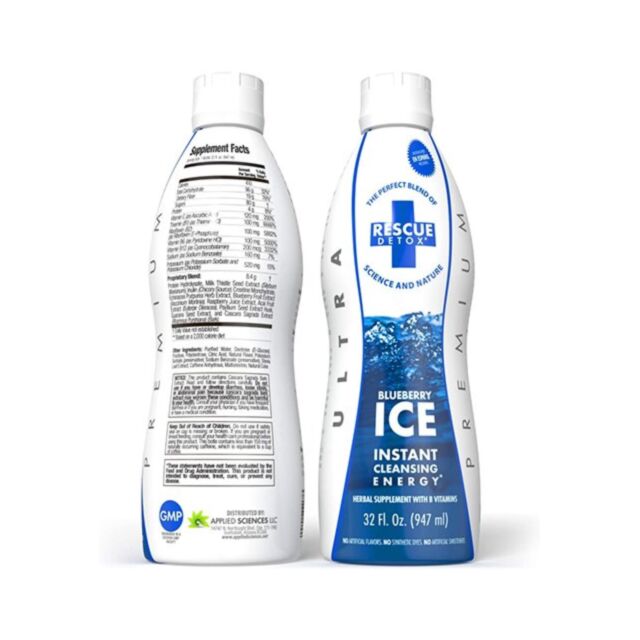 Display of a rocket ship within a circle, surrounded by stars, on a green background. Above the image are the words "Rescue Detox Ice Blueberry 17oz," offering a satisfaction guarantee as your toxin levels rapidly decrease during this whimsical 90-minute 