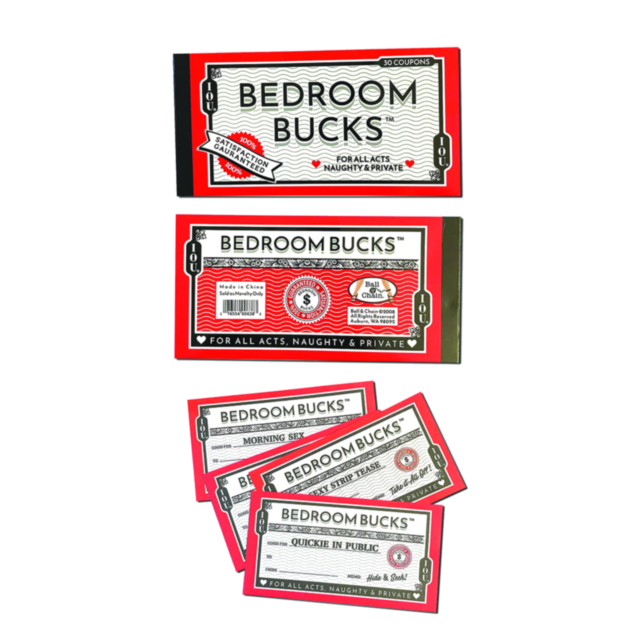An image of playful Bedroom Bucks IOU coupons in black, red, and white shows the booklets main title with individual naughty coupons like Quickie in Public and Morning Strip strewn below, perfect for intimate moments.
