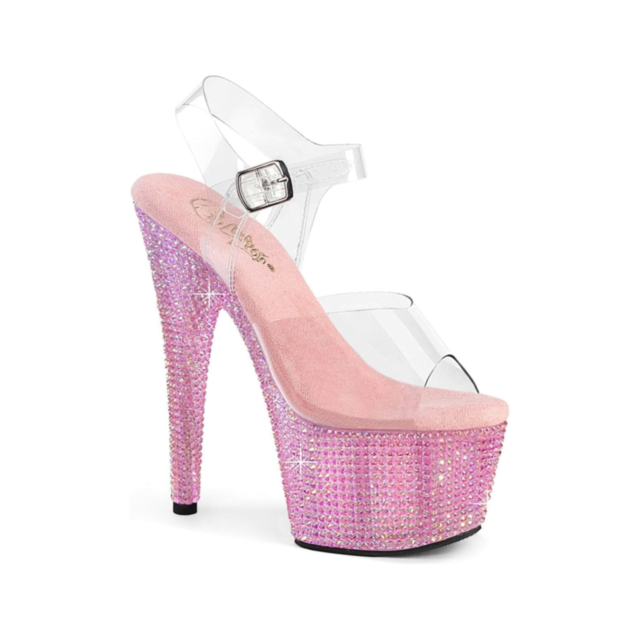 The BEJ708RRS/C/BPRS SIZE 9 high-heeled sandal features a clear ankle strap and buckle, embellished with pink sparkly rhinestones on the heel and platform. Its chic design is completed by a soft pink suede insole.