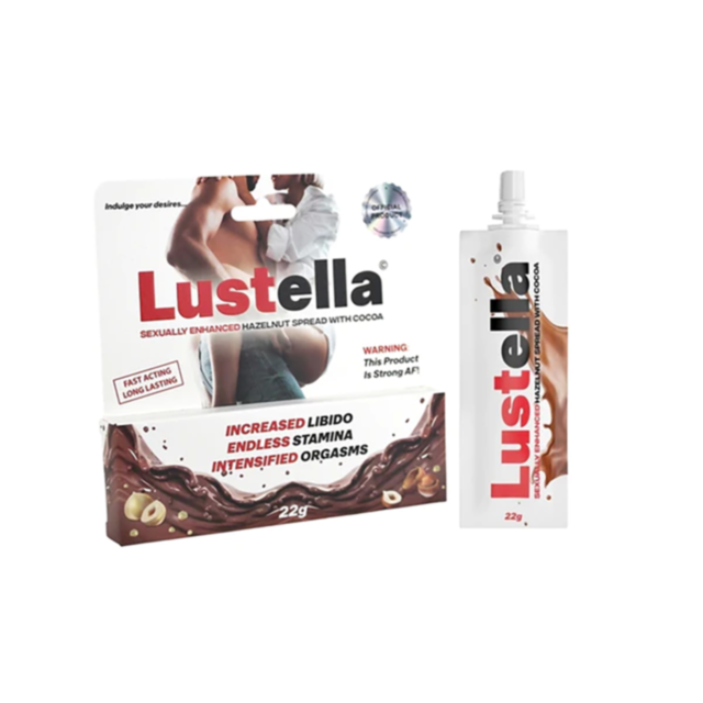 A graphic depicting a powerful white rocket launching within a circular design, surrounded by stars on a green background with the text "No Image" at the top, complements the Lustella Sexually Enhanced Hazelnut Spread.