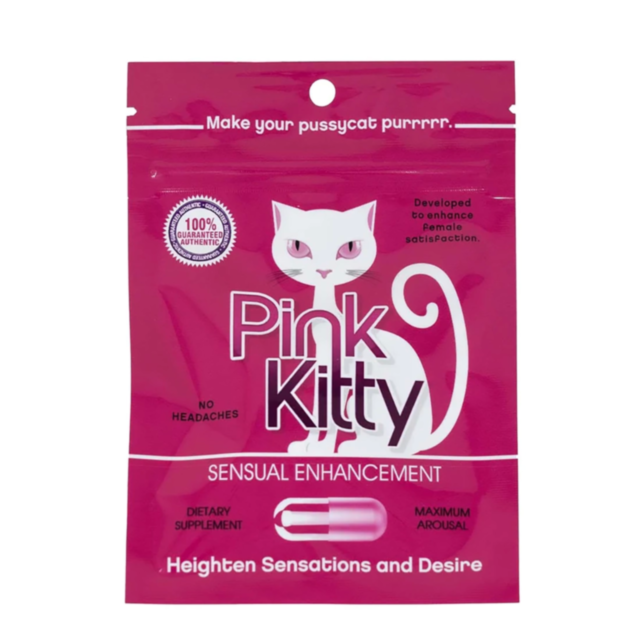 A green background showcases a stylized light gray icon of a rocket within a circle, embellished with small sparkles that symbolize libido enhancement. The text "Pink Kitty Female Sensual Enhancement 1ct" elegantly appears above the icon in matching light
