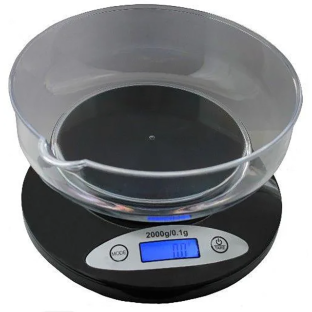 The Orbiz 2000 Scale 200g X 0.1g includes a transparent bowl and showcases a blue-lit LCD screen displaying 0.0. The sleek black base is equipped with Mode and Tare buttons, allowing for precise measurements up to 200g/0.1g, perfect for all your culinary 